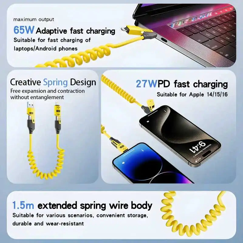 Level up your charging game! 🌟 Check out this 4-in-1 Spring Telescopic USB Type C Cable – 65W power, quick charging, and perfect for iPhone 15/14/13/12! 🔌⚡️ #TechEssentials #ChargingMadeEasy